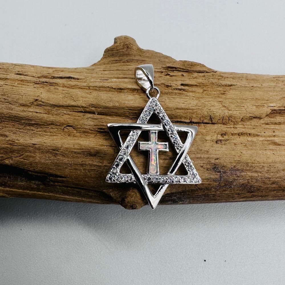 Sterling Silver Star of David Lab Opal Cross CZ Pendant - Picture 5 of 7